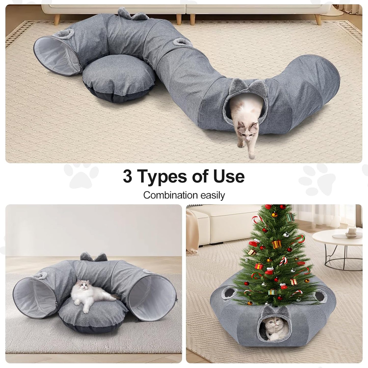 Odoland Summer Linen Cat Tunnels for Indoor Cats with Cooling Central Cat Bed, Interactive Cat Toys Detachable Soft Mat and Variety Kitty Toy Set Grey - Pet Explorer