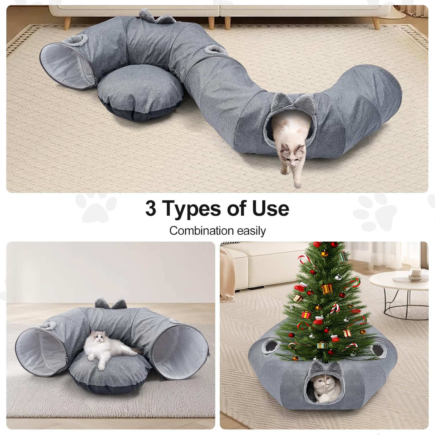 Odoland Summer Linen Cat Tunnels for Indoor Cats with Cooling Central Cat Bed, Interactive Cat Toys Detachable Soft Mat and Variety Kitty Toy Set Grey - Pet Explorer