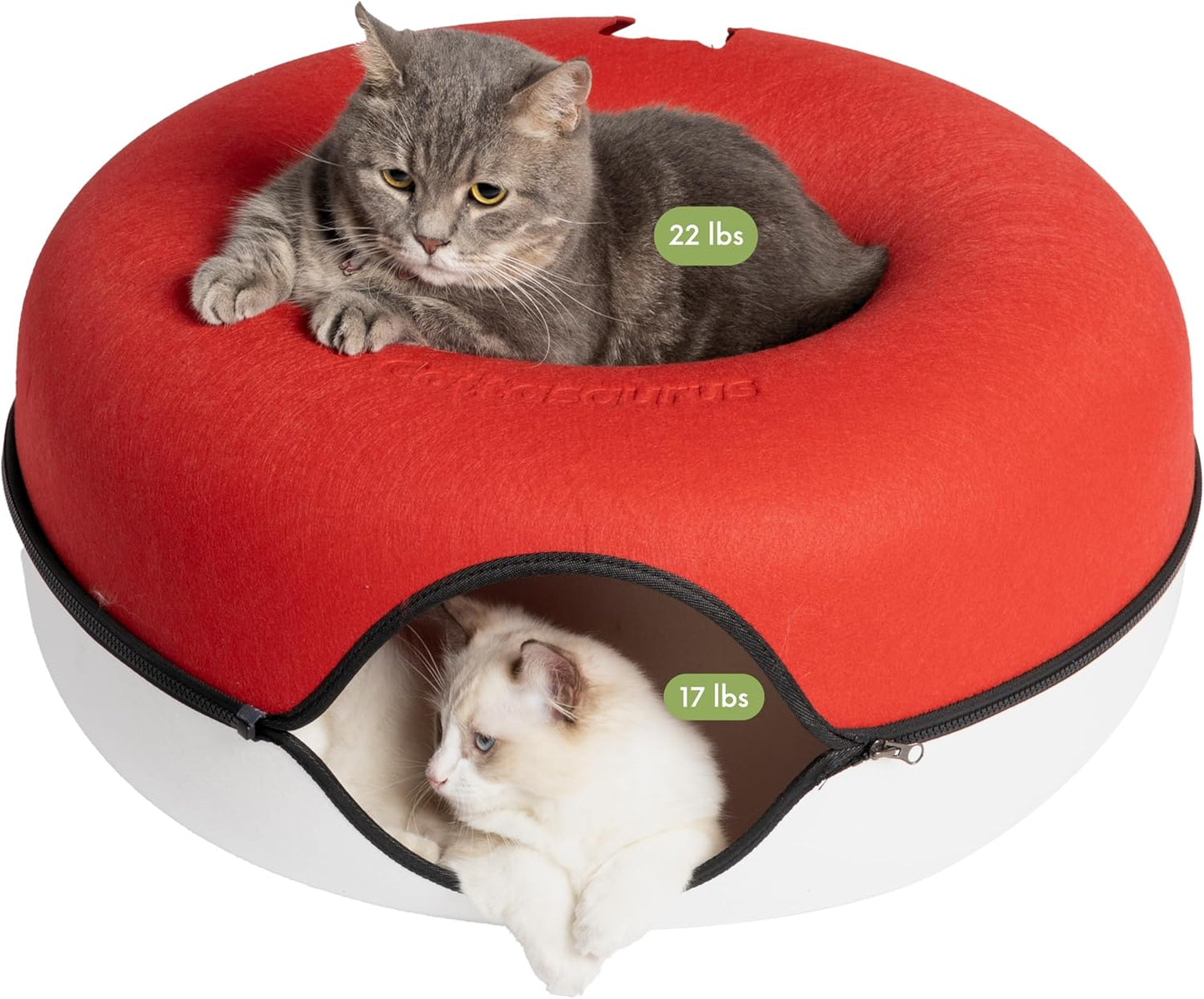 CATTASAURUS Peekaboo Cat Cave for Multiple & Large Cats Up to 30-45 Lbs, Scratch Detachable & Washable Tunnel Bed, Comfy Donut Cat Cave (Ruby Snowball, Large) - Pet Explorer