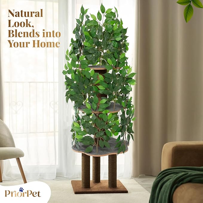 Cat Tree with Leaves – Stable & Space-Saving Design – 4 Scratch Levels & 5 Scratching Posts – for Climbing, Hiding and Sleeping – Easy to Assemble – Durable Cat Trees for Indoor Cats – Natural Look