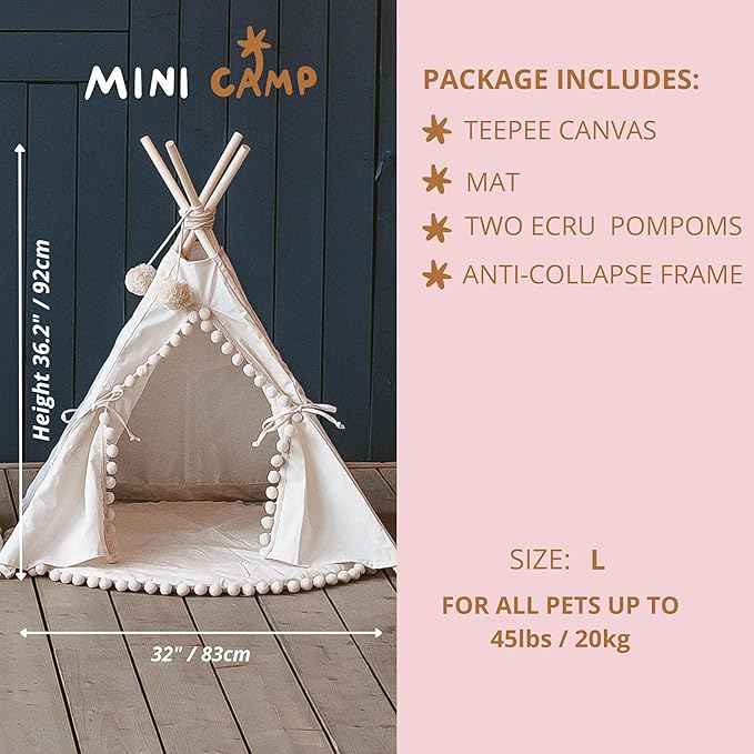 MINICAMP Pet Teepee Bed for Dogs and Cats – Cozy Indoor Dog Tent with Natural Cotton– Luxury Pet House & Hideaway Bed for Small to Large Dogs, Cats & Small Animals - Made in EU (Large)