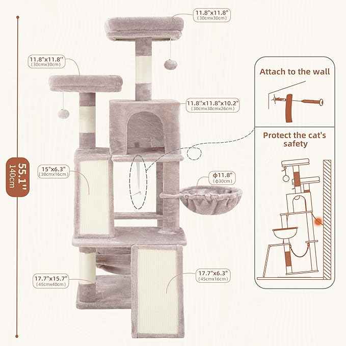 Multi-Level Cat Tree for Indoor Cats, Cat Tower with 2 Scratching Boards, 2 Plush Padding Platforms, Cat Condo House with Hammock, Basket, Muchroom GCT022MU