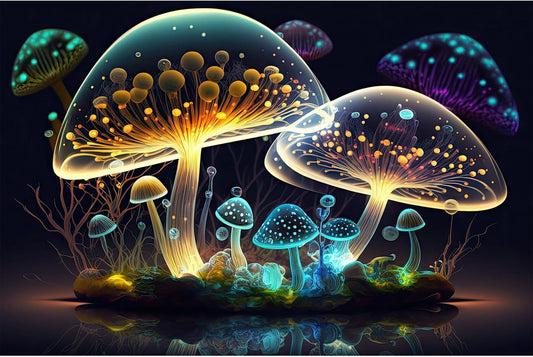 Mushroom Aquarium Background Abstract Glowing Fantasy Mushrooms Terrarium Background Mysterious Forest Magical Night In Circle Shape Crystal Glass Fish Tank Backdrop Decorations Vinyl 36x24in - Pet Explorer