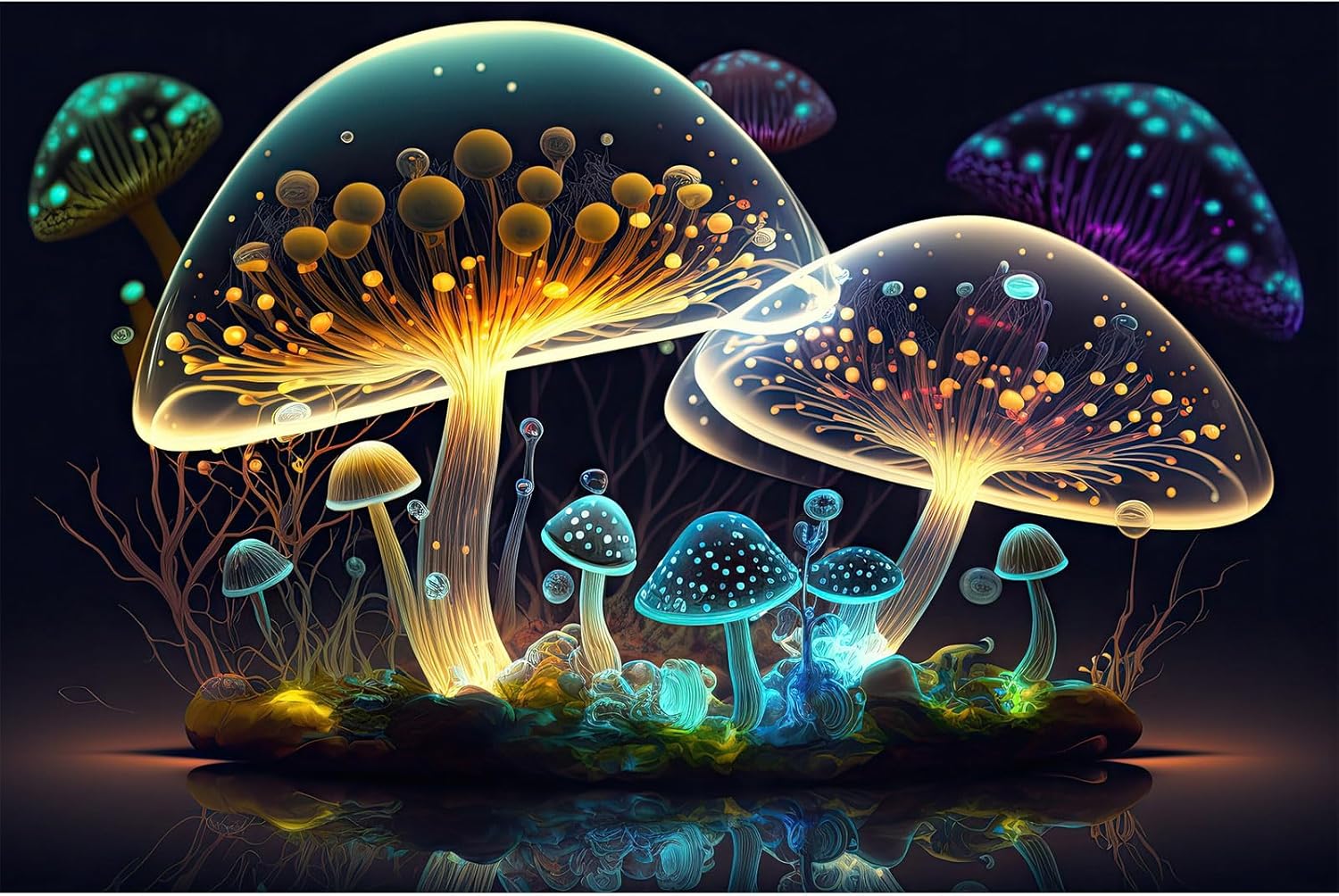 Mushroom Aquarium Background Abstract Glowing Fantasy Mushrooms Terrarium Background Mysterious Forest Magical Night In Circle Shape Crystal Glass Fish Tank Backdrop Decorations Vinyl 24x12in - Pet Explorer