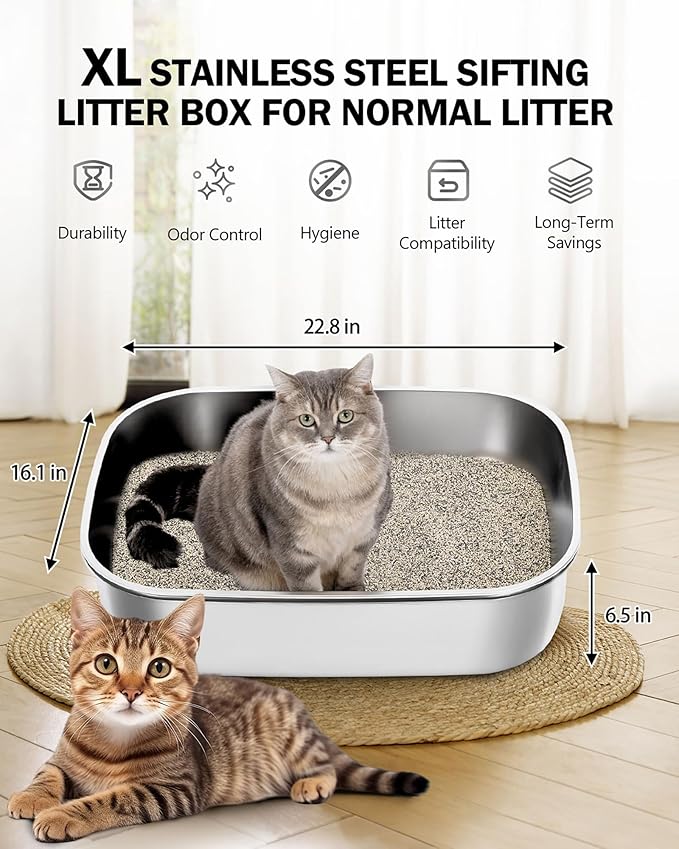 Stainless Steel Sifting Litter Box with Lid, Metal Litter Pan with Scoop for Big Cats Multi Cat, Extra Large Cats Litterbox Odor Control Easy Clean (22.8*16.5*11.8inch-With Enclosure & Step, X-Large)