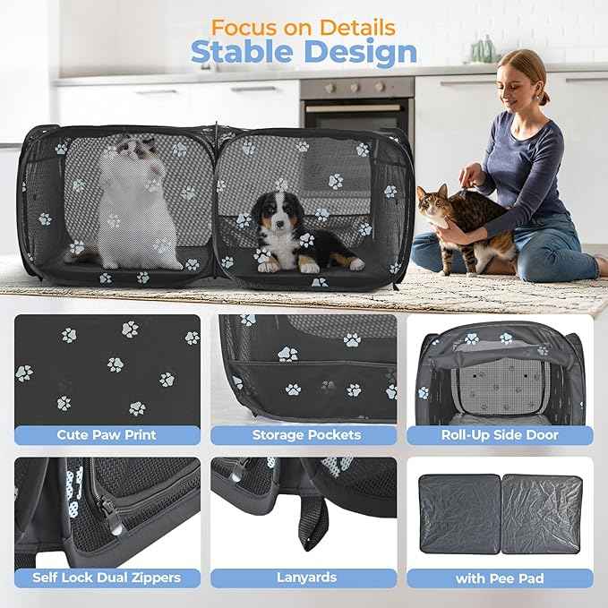 2-in-1 Dog Playpen 73.5''Pop Up Cat Pet Playpen, Assembly-Free Indoor Outdoor Kitten Enclosure, Breathable Cat Cage Portable Puppy Tent Crates,Spacious Kennel for Small Animals, No Confinement Feel(L)