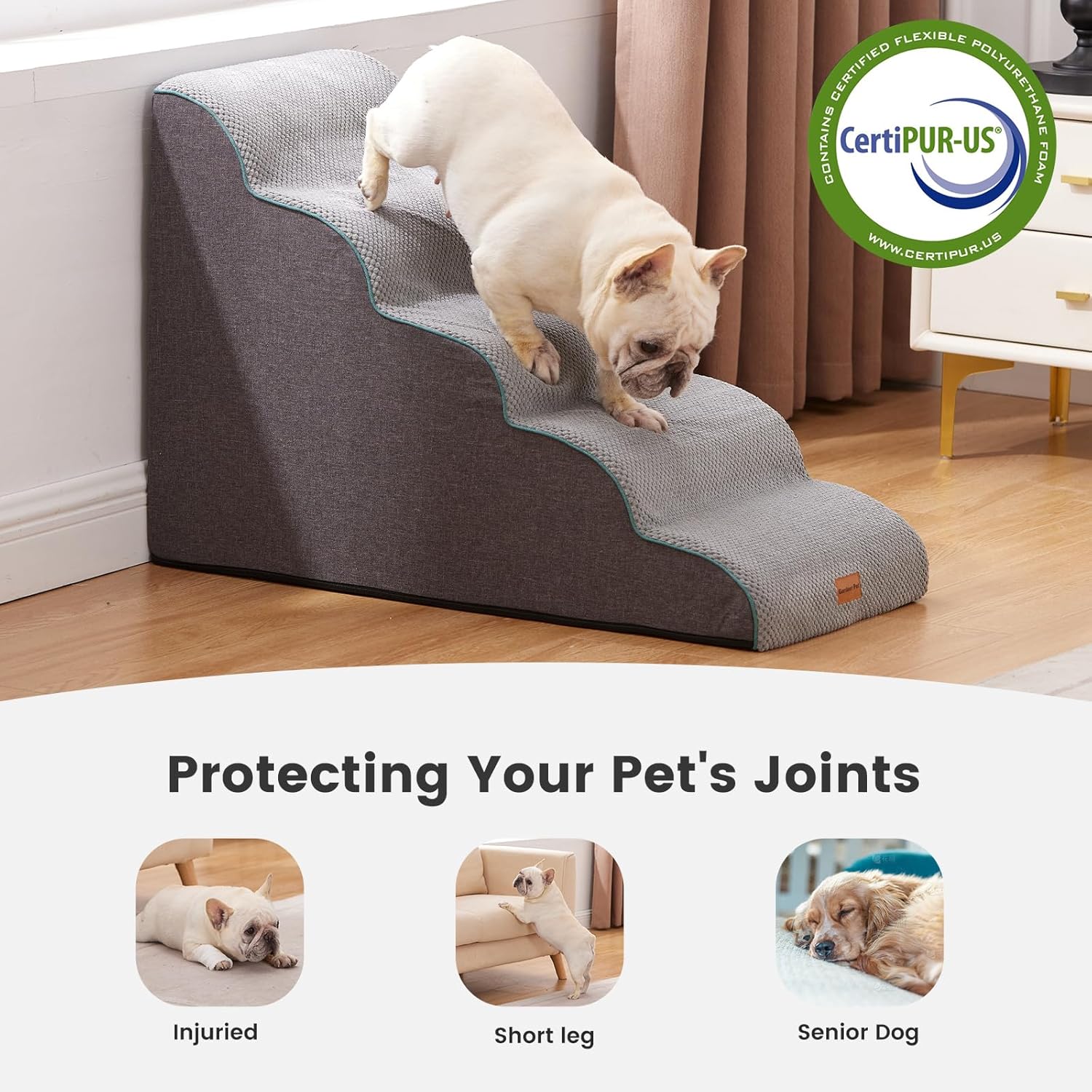 Gardner Pet Dog Stairs for Small Dogs 22.8" H, Curved 5-Step Pet Stairs, Dog Steps for High Bed, Couch (24-30 in) with Durable Non-Slip Waterproof Fabric Cover and CertiPUR-US Certified Foam - Pet Explorer