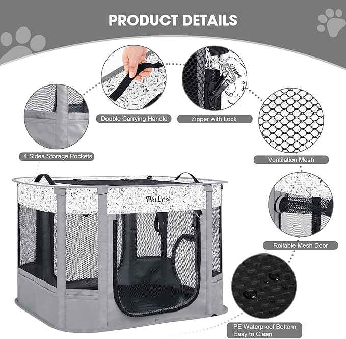 Portable Cat Playpen with Litter Box, Cat Enclosure for Camping, Cat Recovery Playpen After Surgery, Foldable Indoor Outdoor Pet Tent for Cats Rabbits Puppies (Light Gray)