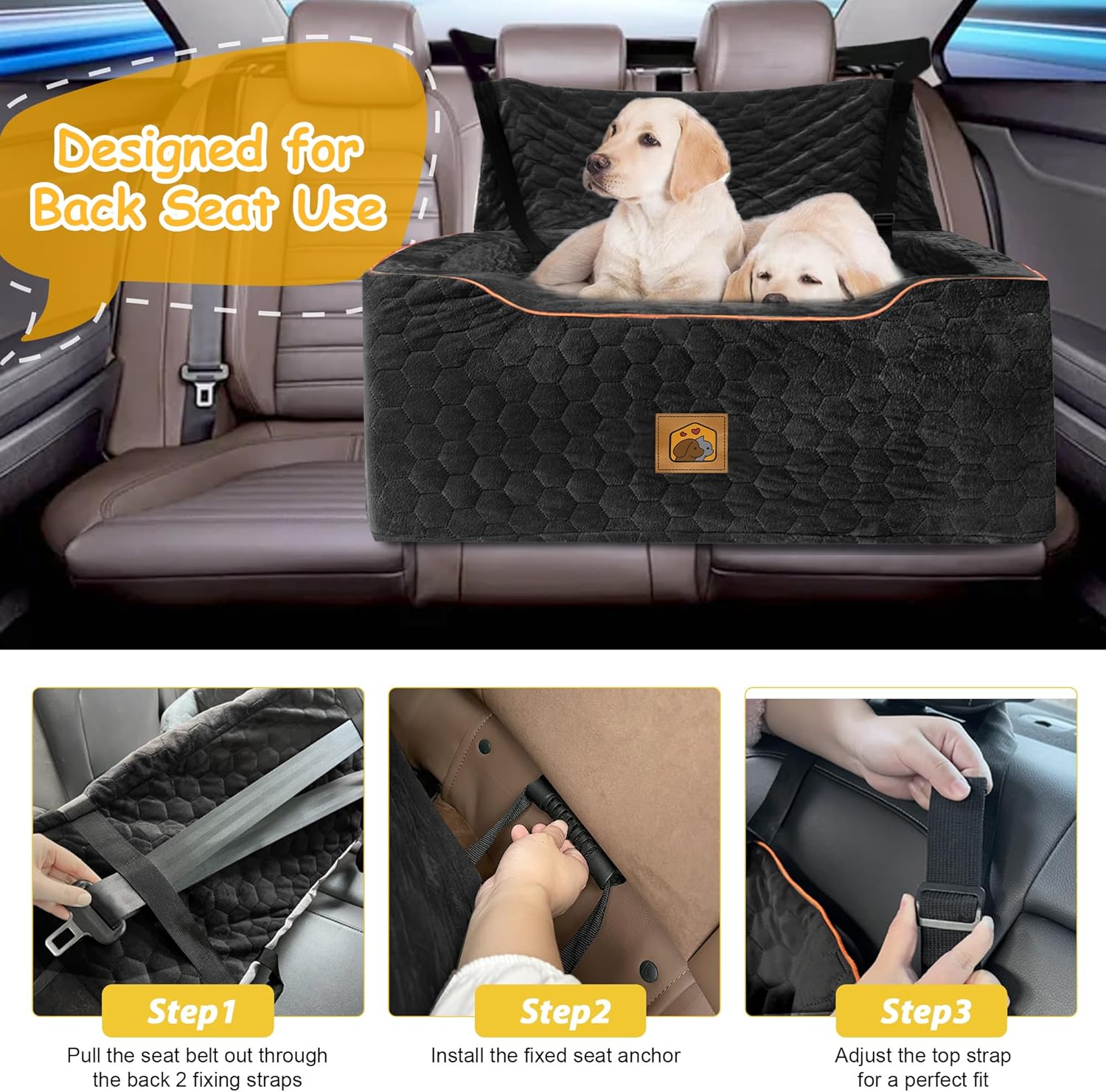 Dog Car Seat for Medium/Large Dogs, Washable Dog Booster Seat Under 60 lbs or 2 Small Dogs, Multi-Functional Pet Car Seat with Thick Cushion, 2 Safety Leashes (Black) - Pet Explorer