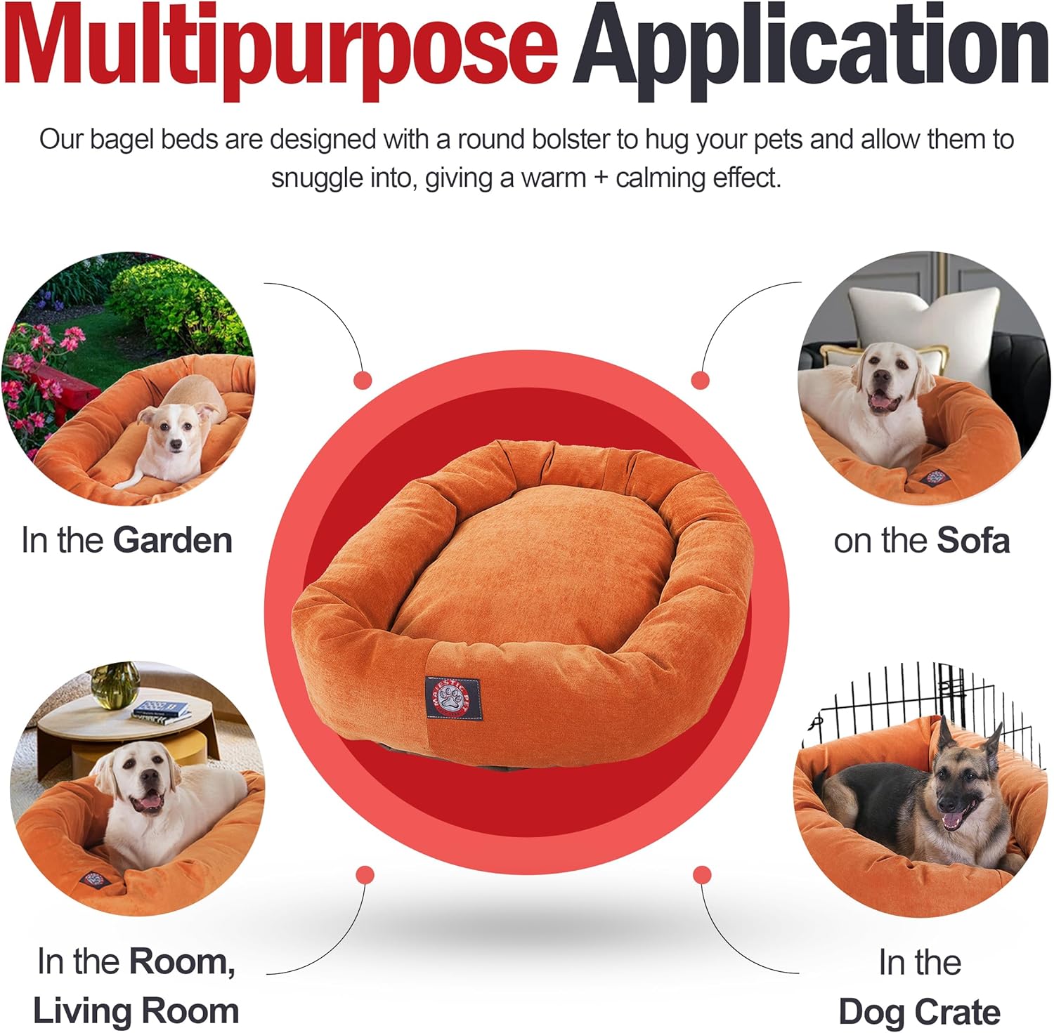 Majestic Pet 40 Inch Micro Velvet Calming Dog Bed Washable 40x29x9 (inch) – Cozy Soft Round Donut Dog Bed with Spine for Head Support - Pet Bed Large – Orange - Pet Explorer