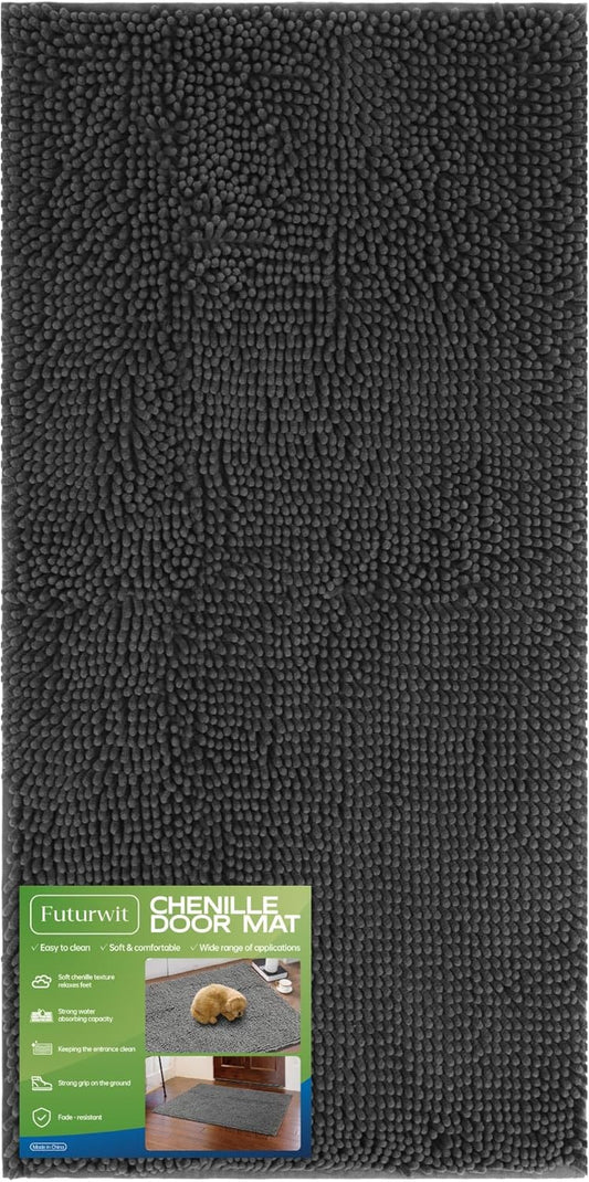 Dog Door Mat for Muddy Paws, 48" x 24" Chenille Absorbent Front Door Mat Inside, Large Runner Mud Mat for Dogs, Trap Dirt Washable Non Slip Outdoor Indoor Entrance Doormats, Grey - Pet Explorer