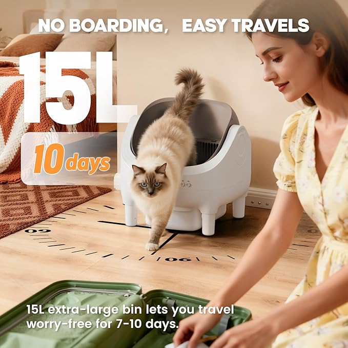 Greesum Self Cleaning Cat Litter Box – Automatic Open-Top Smart Litter Box with App Control, 15L Odor-Sealed Waste Bin, Ultra Quiet 35dB, Multi-Cat & Large Cat Compatible, with Trash Bags & Mat