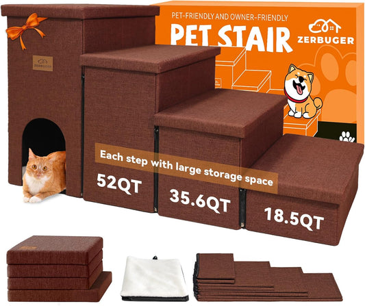 Dog Stairs with Condo 23" H, 4-Step Wider Dog Steps for High Beds Window, Folding Storage Pet Stairs Gift for Small/Medium/Large Old Dogs Cats, Ramp for Climbing Car Hold Up to 200 lbs, Brown - Pet Explorer