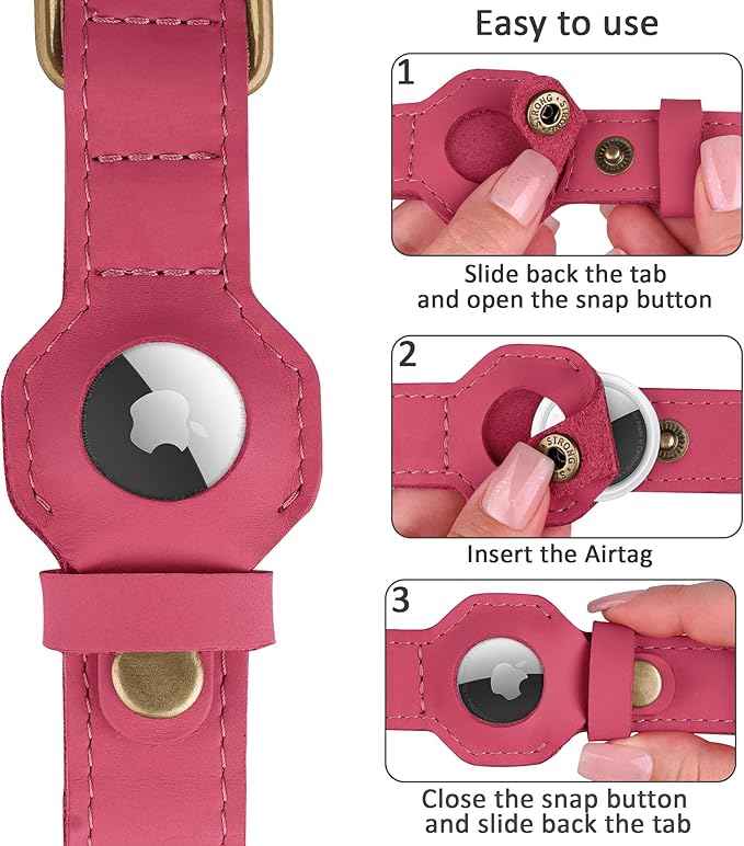 AirTag Dog Collar - Genuine Leather Dog Collar with Apple AirTag Holder and Metal Buckle - Smart GPS Tracking Pet Collars (Pink, M, 14"-18" Neck Fit)