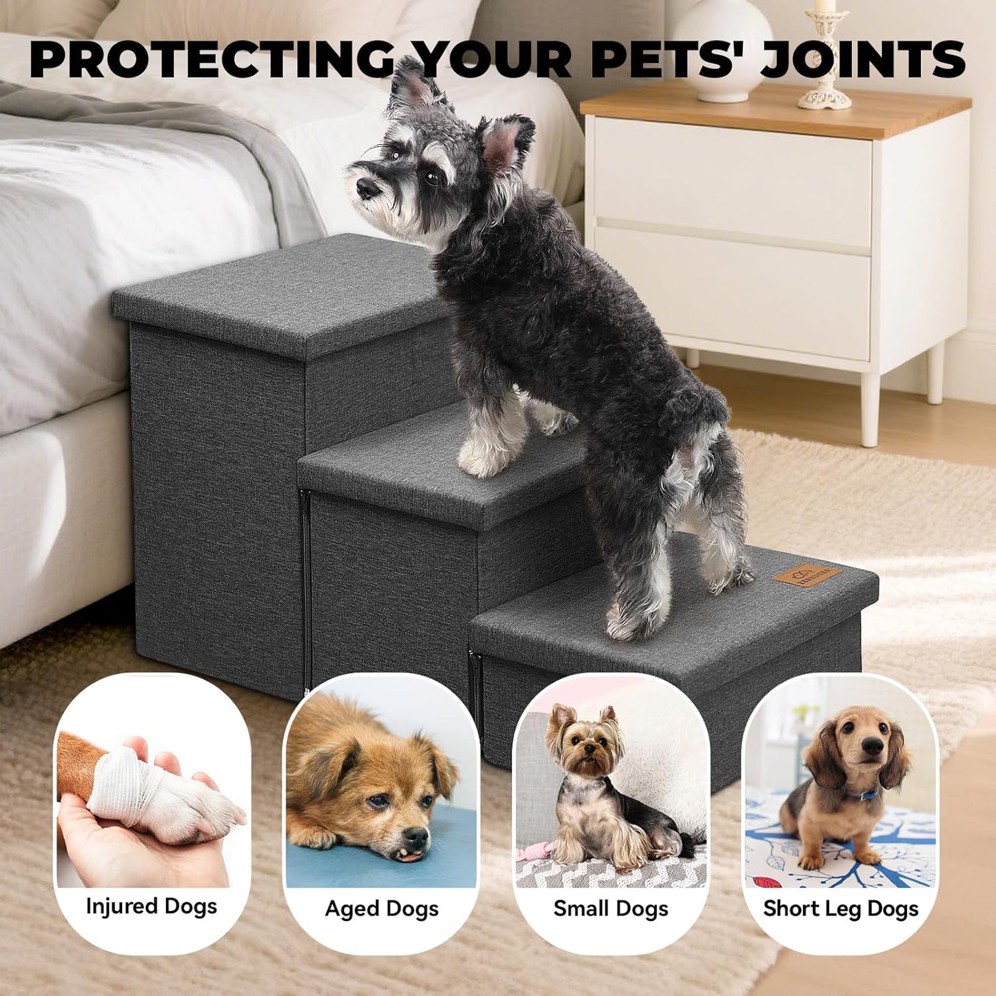 Dog Stairs with Storage 18" H, 3-Step Wider Dog Steps for Small/Medium/Large Old Dogs Cats, Folding Sturdy Pet Stairs Climbing Bed Couch, Ramp for Car Hold Up to 200 lbs (Dark Grey, No Condo) - Pet Explorer