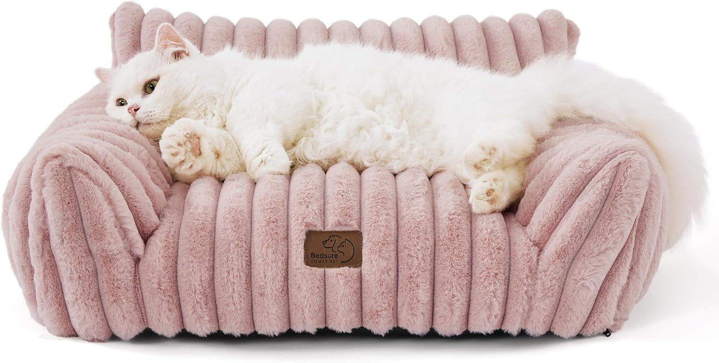 Bedsure Cute Cat Couch for Pets - Fluffy Cat Sofa with Premium Soft Corduroy Fleece, Fuzzy Pet Couch Bed with Removable Washable Cover, Supportive Chair for Indoor Cats, 24inch, Blush Pink - Pet Explorer