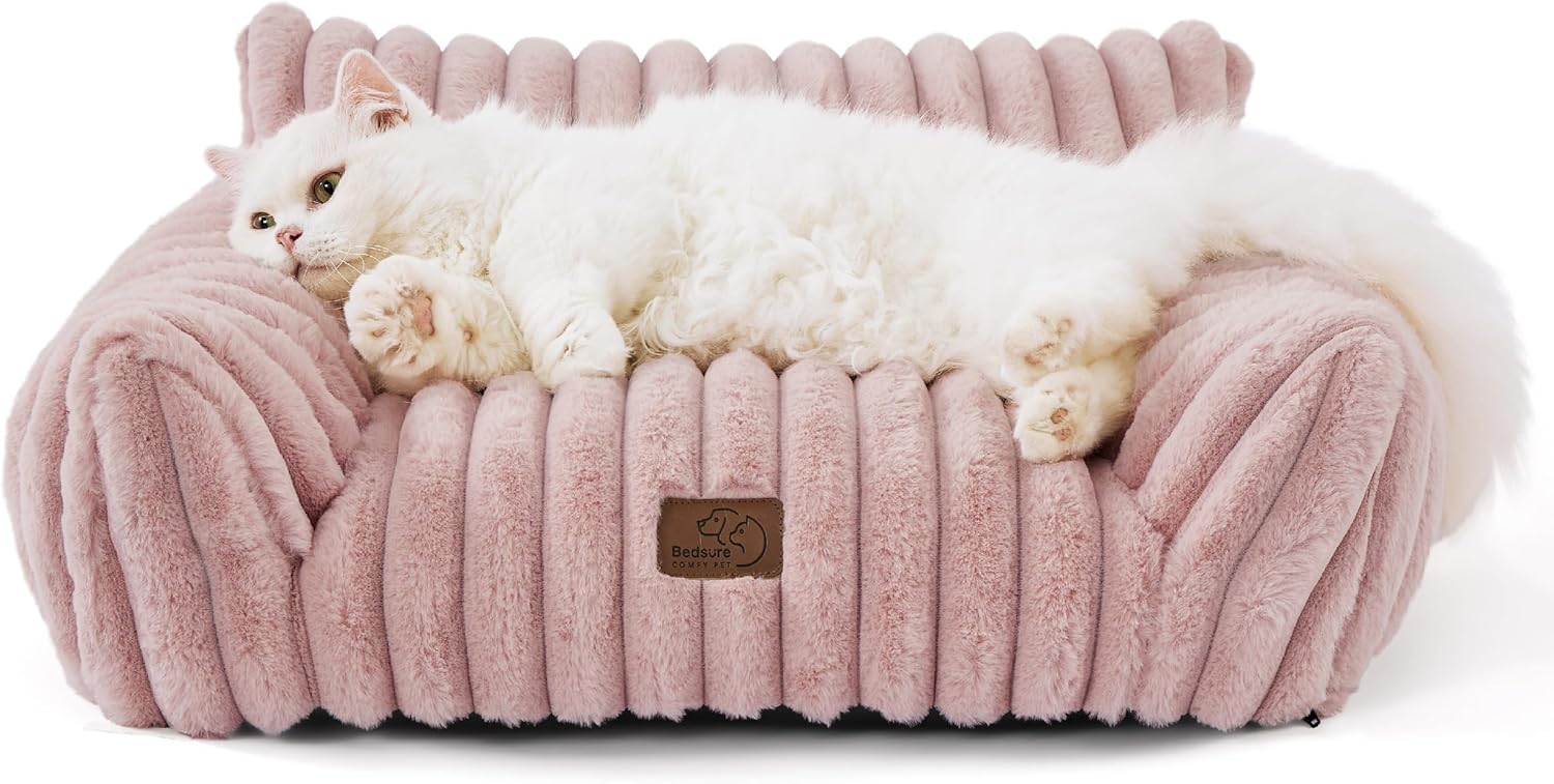 Bedsure Cute Cat Couch for Pets - Fluffy Cat Sofa with Premium Soft Corduroy Fleece, Fuzzy Pet Couch Bed with Removable Washable Cover, Supportive Chair for Indoor Cats, 24inch, Blush Pink - Pet Explorer