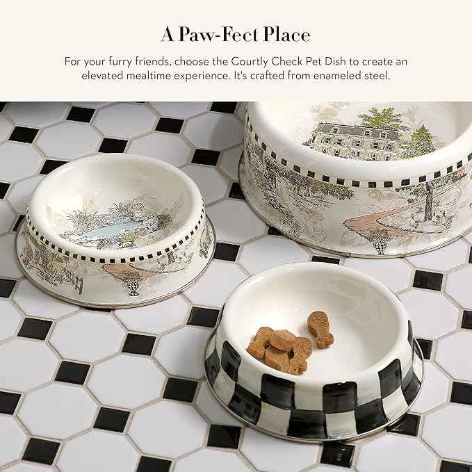 MACKENZIE-CHILDS Pet Bowl, Cute Cat and Dog Bowl for Food and Water, Black-and-White Courtly Check, Small