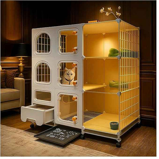 Indoor cat cage with Litter Box, Complimentary Cat Bed, Bow,lcat House with Wheels Outdoor,Large cat Villa Playpen, Small Animal Dog Kennel cat enclosures (41″(L) x18″(W) x46″(H))