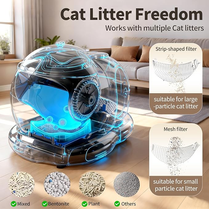 Automatic Cat Litter Box, Semi-Open Large Capacity with Triple Odor Removal System, App Control and Health Monitor, Safety Sensor, Cute Self Cleaning Litter Box for Multiple Cats (Silvery)
