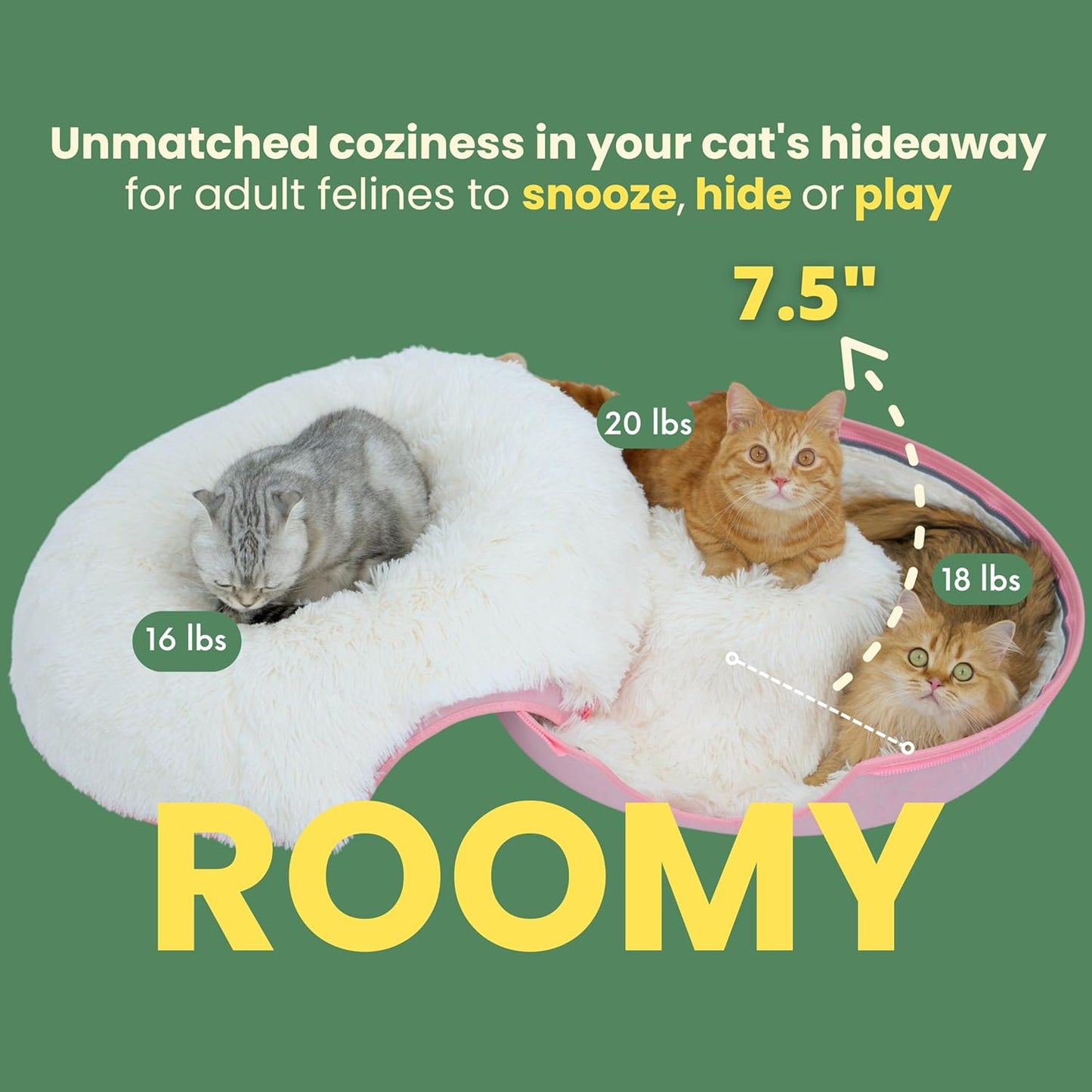 CATTASAURUS Peekaboo Cat Cave for Multiple & Large Cats Up to 30-45 Lbs, Fluffy Cat Beds for Indoor Cats, Scratch Detachable & Washable Tunnel Bed, Comfy Donut Cat Cave (Pink, Large (Calming)) - Pet Explorer