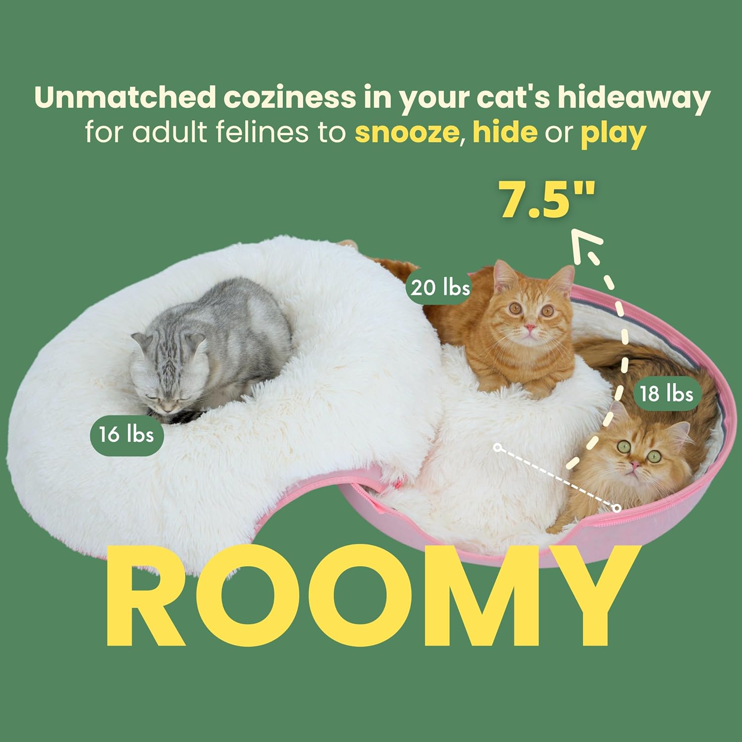 CATTASAURUS Peekaboo Cat Cave for Multiple & Large Cats Up to 30-45 Lbs, Fluffy Cat Beds for Indoor Cats, Scratch Detachable & Washable Tunnel Bed, Comfy Donut Cat Cave (Pink, Large (Calming)) - Pet Explorer