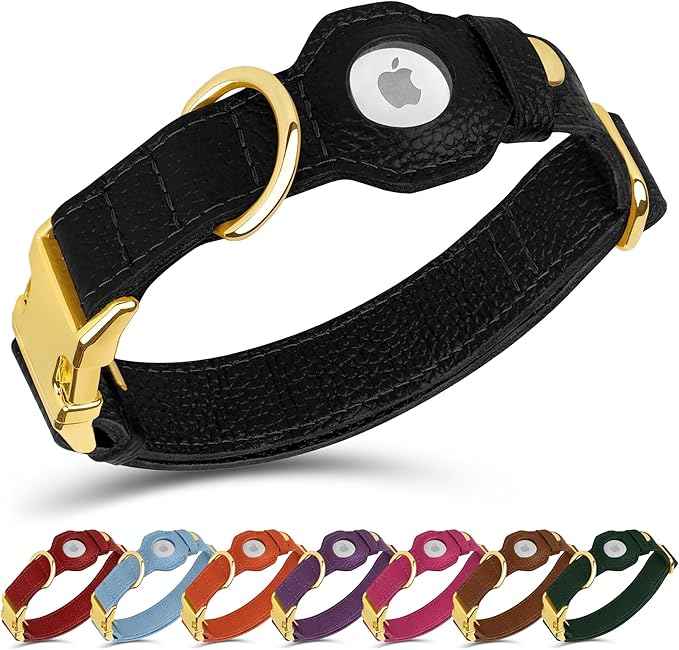 Leather Airtag Dog Collar - Soft Tracking Dog Collar with Apple AirTag Holder and Metal Buckle - Safety GPS Pet Collars for Small Medium Large Dogs Puppy Pink Red (Black, S, 12"-15" Neck Fit)