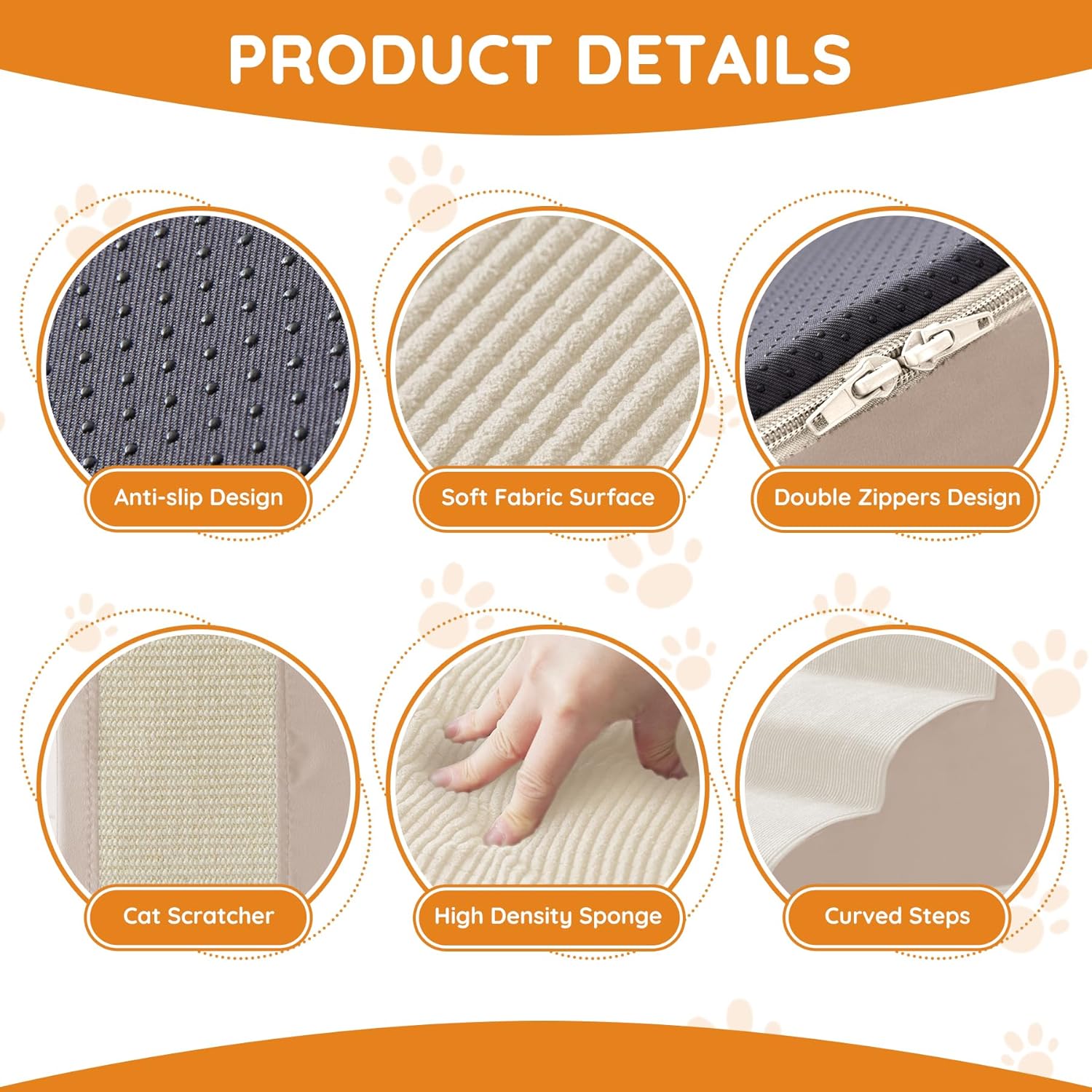 Pet Stairs, Dog Stairs for Small Dogs, Dogs Steps, 5-Step Curved Dog Ramp for Bed, Couch, Sofa, Car and Chairs, Non-Slip Bottom Design, Cat Scratching Board, High Density Foam Portable Pet Step, Beige - Pet Explorer