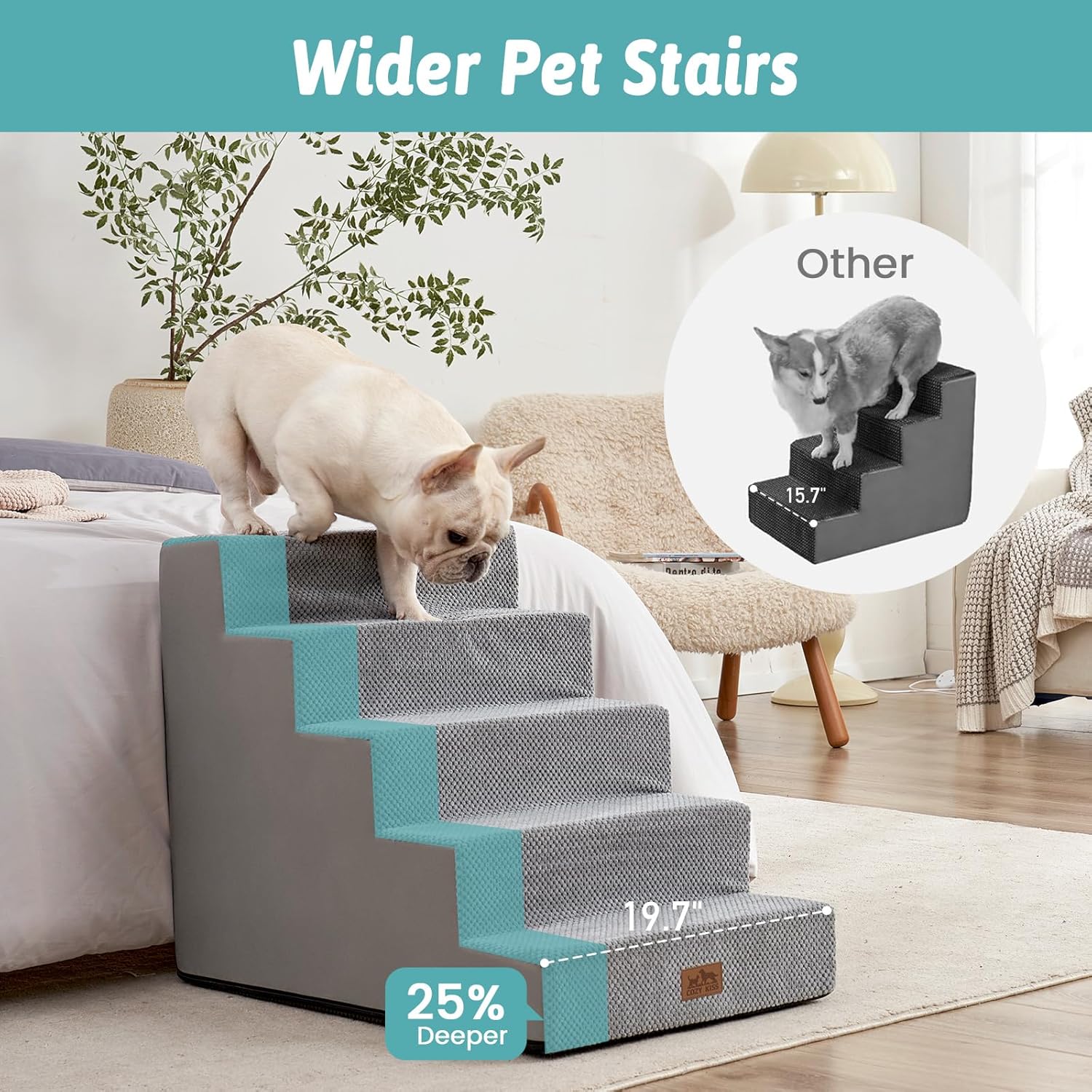 Dog Stairs for Small Dogs, 5 Tier Wider Pet Stairs for High Beds, 23.6" H Non-Slip Dog Steps for Old Cats, Puppies, Small Medium Dogs, 29.5x19.7x23.6 inch, Grey - Pet Explorer