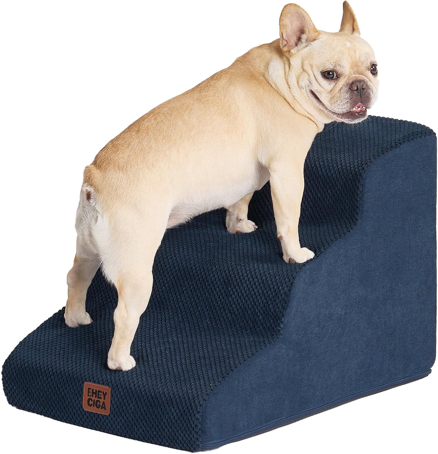 EHEYCIGA Curved Dog Stairs Ramp for Small Dogs 15.7" H, 3-Step Dog Steps for Couch Sofa and Chair, Pet Stairs for Cats, Non-Slip Balanced Pet Steps Indoor, Navy - Pet Explorer