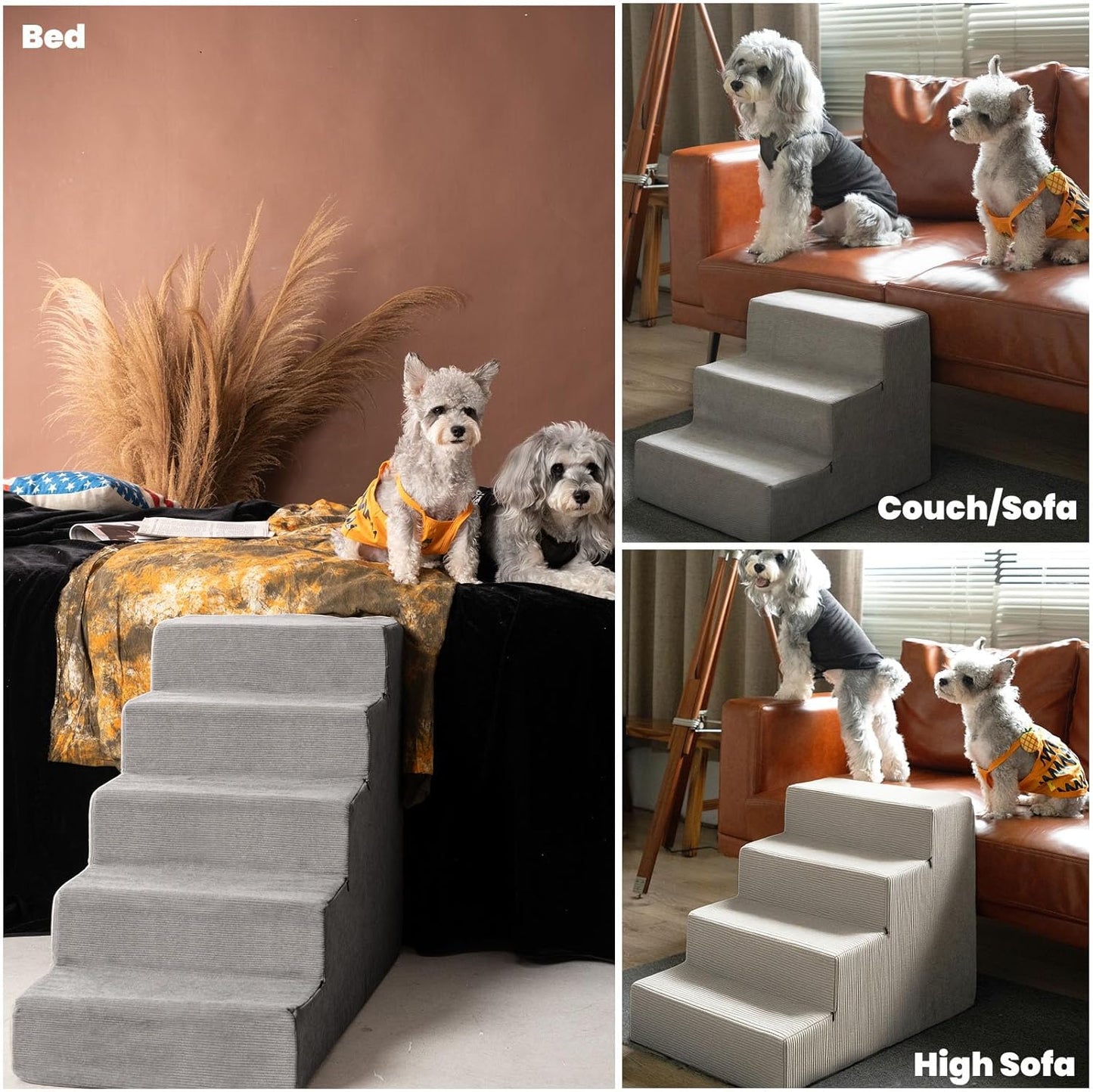 MEWANG Dog Stairs for Small & Medium Dogs and Old Cats –3/4/ 5 Steps High-Density Foam Pet Ramp for Bed & Couch, Non-Slip, Washable Cover, Grey (Square Corner, 3 Steps: 17.95''×14.96''×13.70'', 2) - Pet Explorer