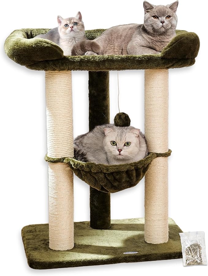 Happi N Pets 28" Cat Tree Tower, Tall Cat Scratching Post with Soft Perch for Window Viewing, Large Bed for Big Cats, Stable & Compact Cat Tower with Hammock, Removable Cover-Green
