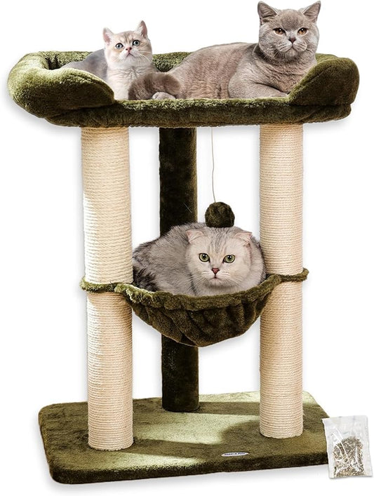 Happi N Pets 28" Cat Tree Tower, Tall Cat Scratching Post with Soft Perch for Window Viewing, Large Bed for Big Cats, Stable & Compact Cat Tower with Hammock, Removable Cover-Green
