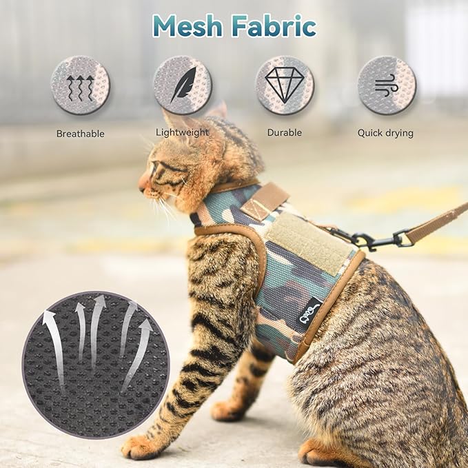 Tactical Cat Harness and Leash for Walking Escape Proof Breathable Mesh Fabric, Green Jungle Camo, X-Large, Adjustable Cat Walking Jackets, Padded Stylish Cat Vest