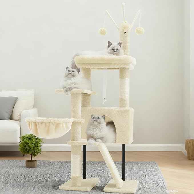 Cat Tree for Indoor Cats, Cat Tower with Scratching Post for Small Cats and Kittens, Cat House with Removable Top Platform and Fluffy Balls, Hanging Cat Basket, Beige GCT006SM