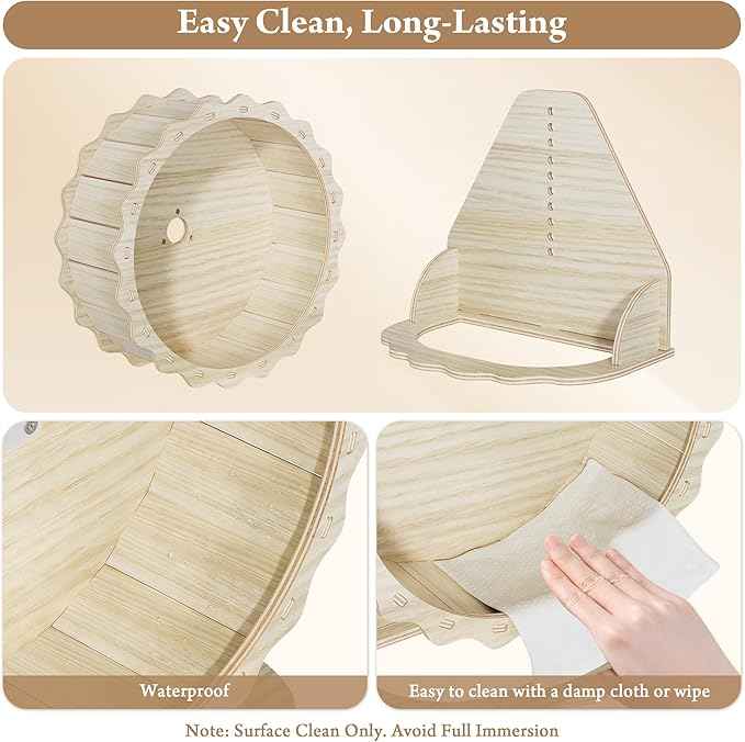 Wooden Hamster Wheel, Silent Running Wheel for Small Pets, 8 Inch Natural Wood Exercise Wheel with Stand, Quiet Spinner for Dwarf Hamsters, Roborovski, Gerbils, Mice and More