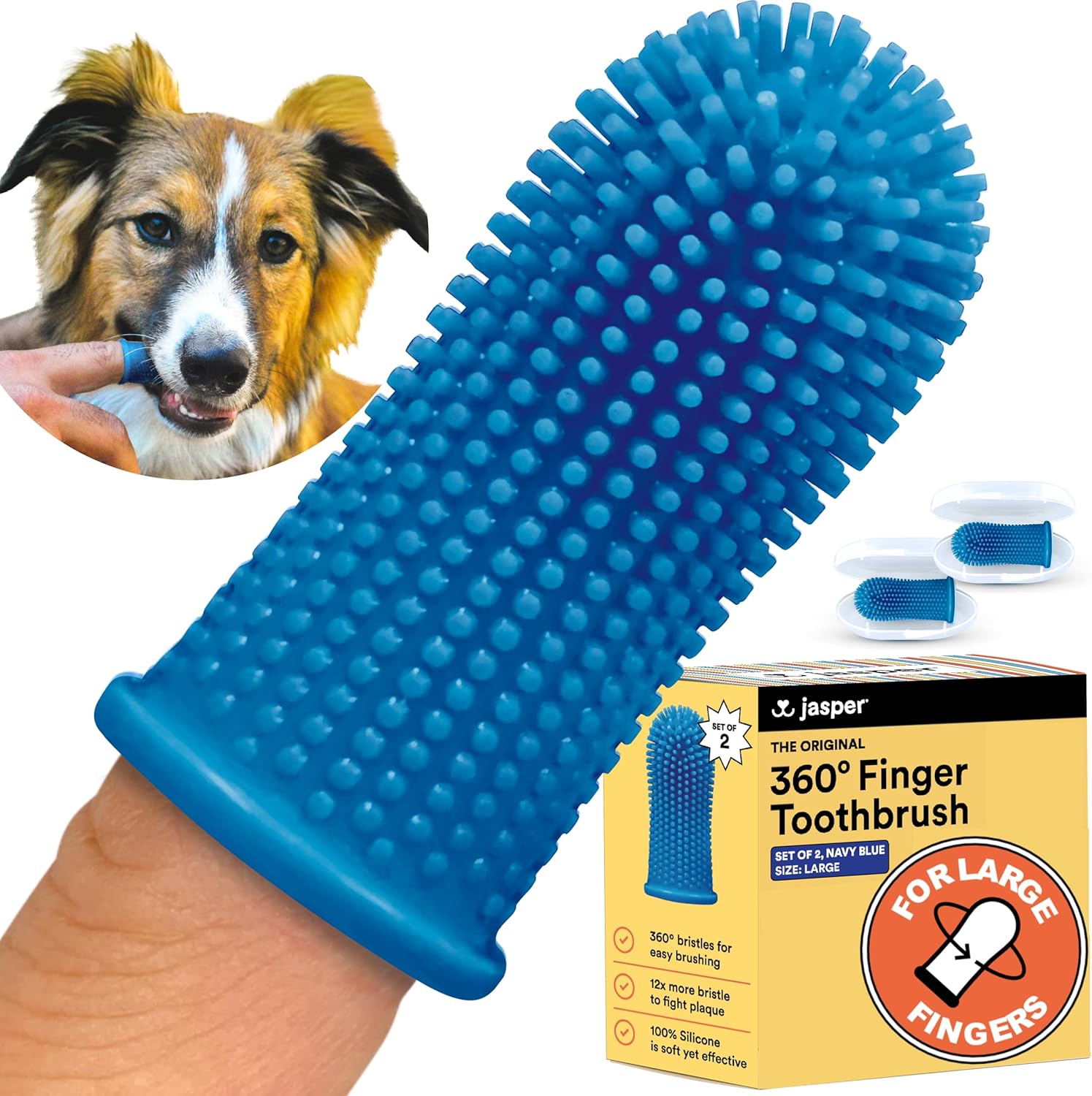 Jasper Large Dog Toothbrush, 360 Degree Pet Tooth Brushing Kit, Cat Toothbrush, Canine Dental Care & Teeth Cleaning Kit, Pet Finger Tooth Brush, Use with Dog Toothpaste, 2-Pack Navy-Blue Large - Pet Explorer