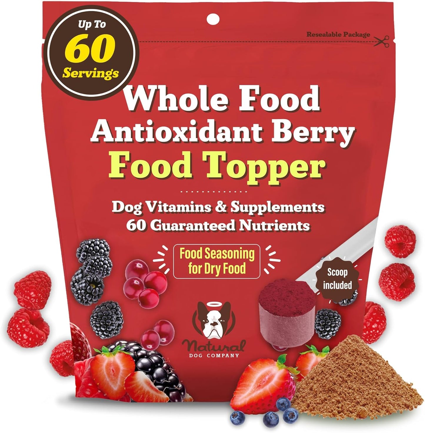 Natural Dog Company Dog Food Topper, Antioxidant Berry Vitamins & Superfood Meal Topper Supplement, Holistic Nutrition, Dog Food Seasoning, Immune Support, All Breeds, Ages, & Sizes of Dogs, 8oz Bag