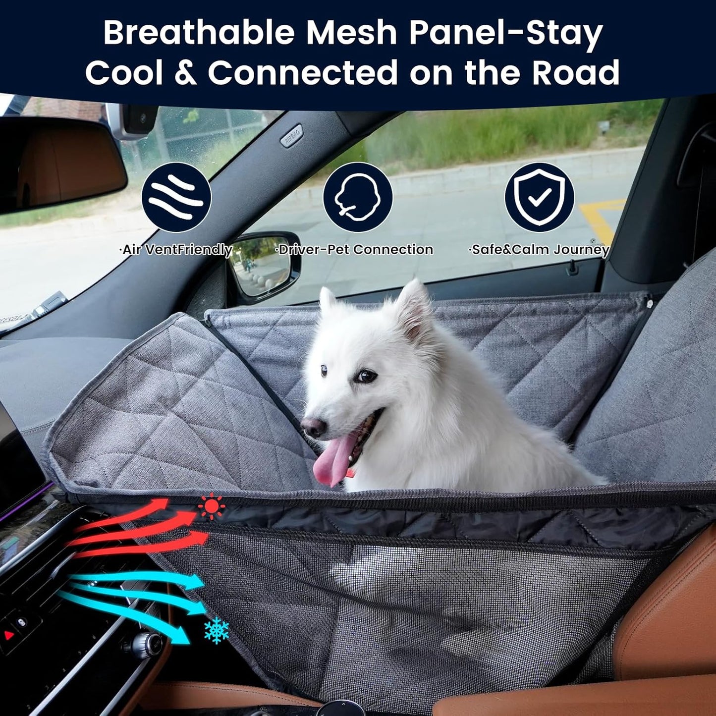 Dog Car Seat for Small/Medium Dogs with Door Protection – Full Coverage Pet Booster Seat with Mesh Window, Zippered Side Flaps, Safety Buckle, Grey Linen Fabric - Pet Explorer