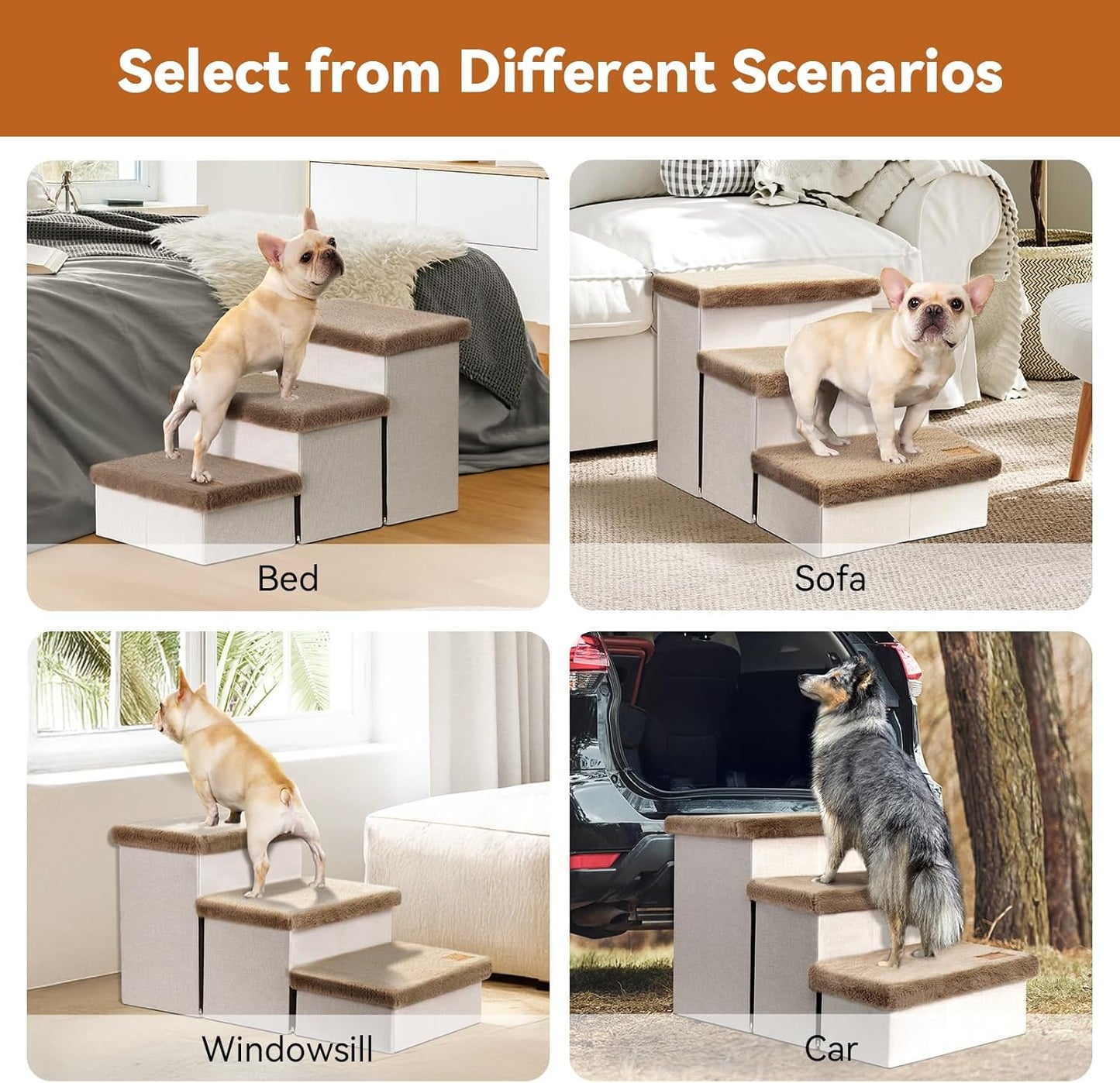 Dog Stairs with Furry Lids 18" H, 3-Step Wider Dog Steps with Storage for Small/Medium/Large Old Dogs Cats, Folding Sturdy Pet Stairs Climbing Bed Couch, Ramp for Car Up to 200 lbs, Khaki - Pet Explorer