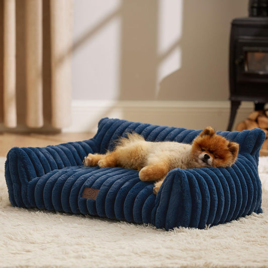 Bedsure Cute Cat Couch for Pets - Fluffy Small Dog Sofa with Premium Soft Corduroy Fleece, Pet Sofa with Removable Washable Cover, Supportive Dog Couch Bed for Small Medium Dogs, 30inch, Night Blue - Pet Explorer