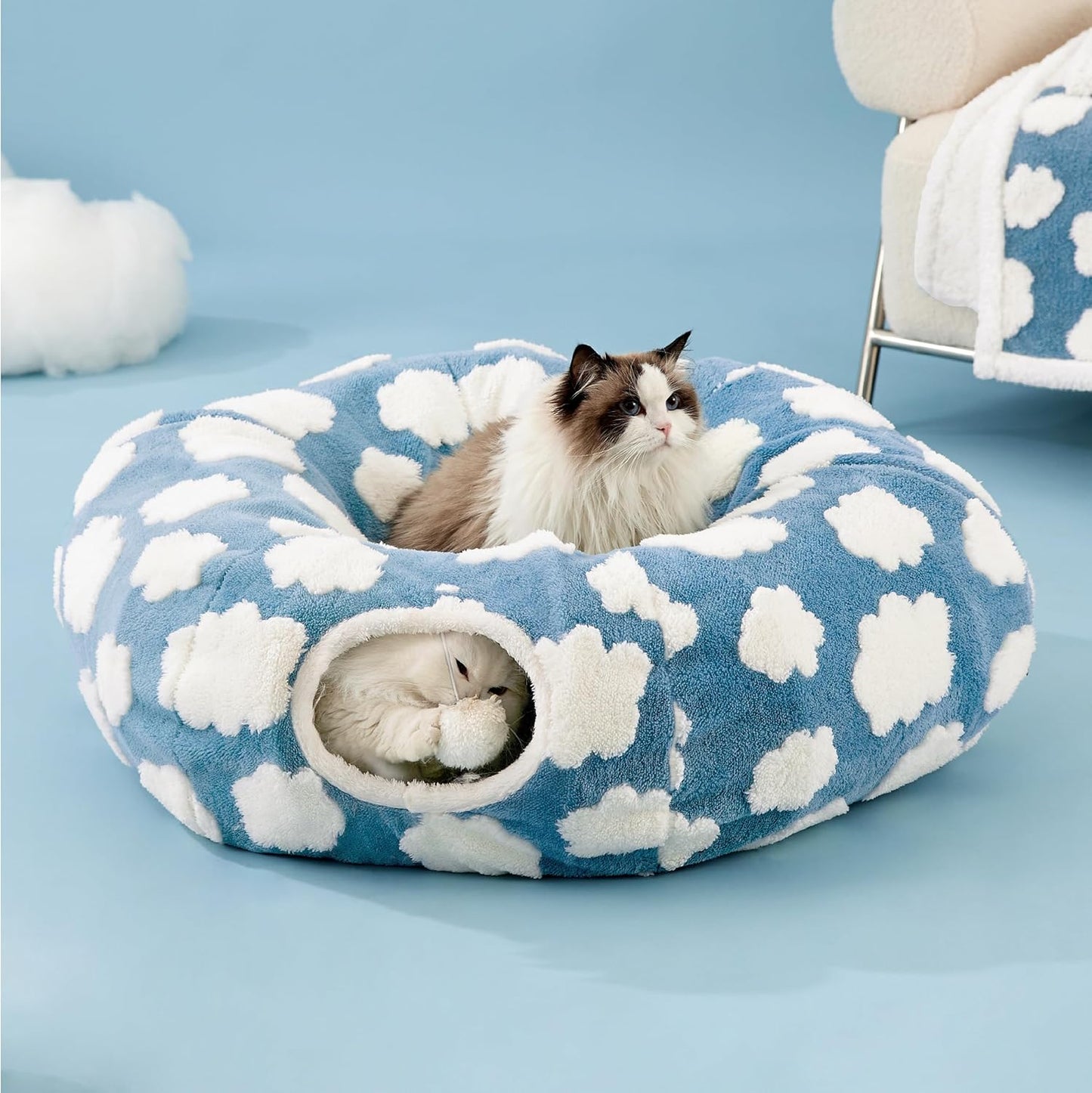 Lesure Cat Tunnel Bed for Indoor Cats - Cute Cat Donut Tunnel Toys for Small Large Cats with Washable Circle Cushion, Round Pet Peekaboo Cave Toy for Kitten/Puppy/Rabbit, Standard Blue - Pet Explorer