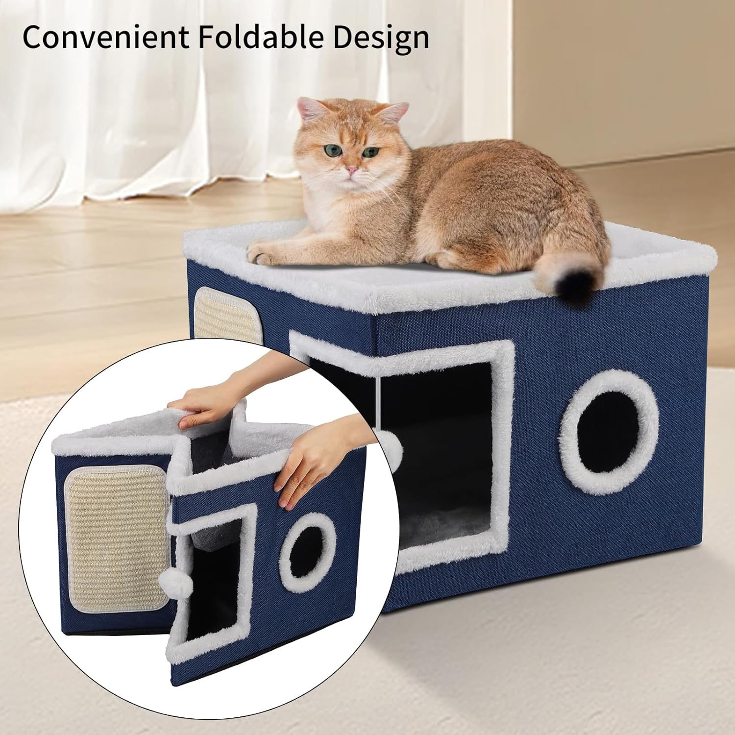 Cat House Bed for Indoor Cats, Large Cat Cave with Cozy Condo, Fluffy Hanging Ball, Scratch Pad, Hide-and-Seek, Foldable Indoor Cat House Hideaway with Double-Sided Soft Cushions for All Seasons, Blue - Pet Explorer