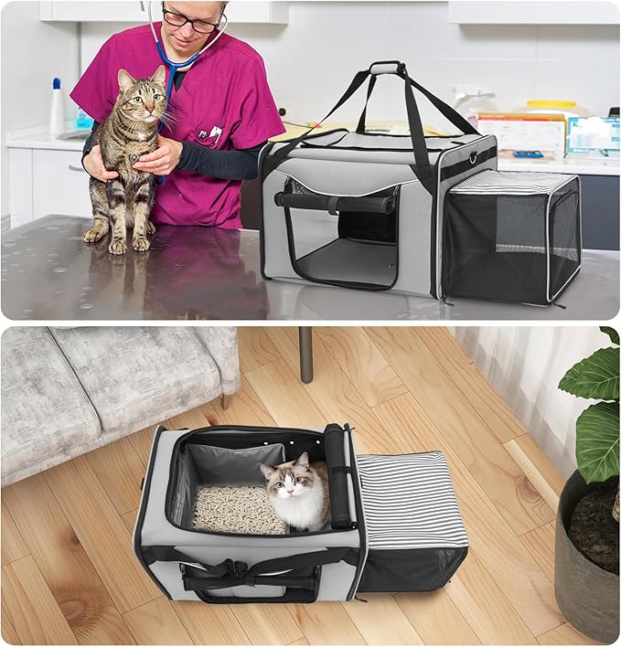 Extra Large Cat Carrier for Car Travel, Expandable Cat Carrier with Litter Box, 24"x17"x16" Soft-Sided Pet Carrier for Road Trip, Pet Carriers for 1 Large / 2 Medium Cats Under 45lbs(Grey)