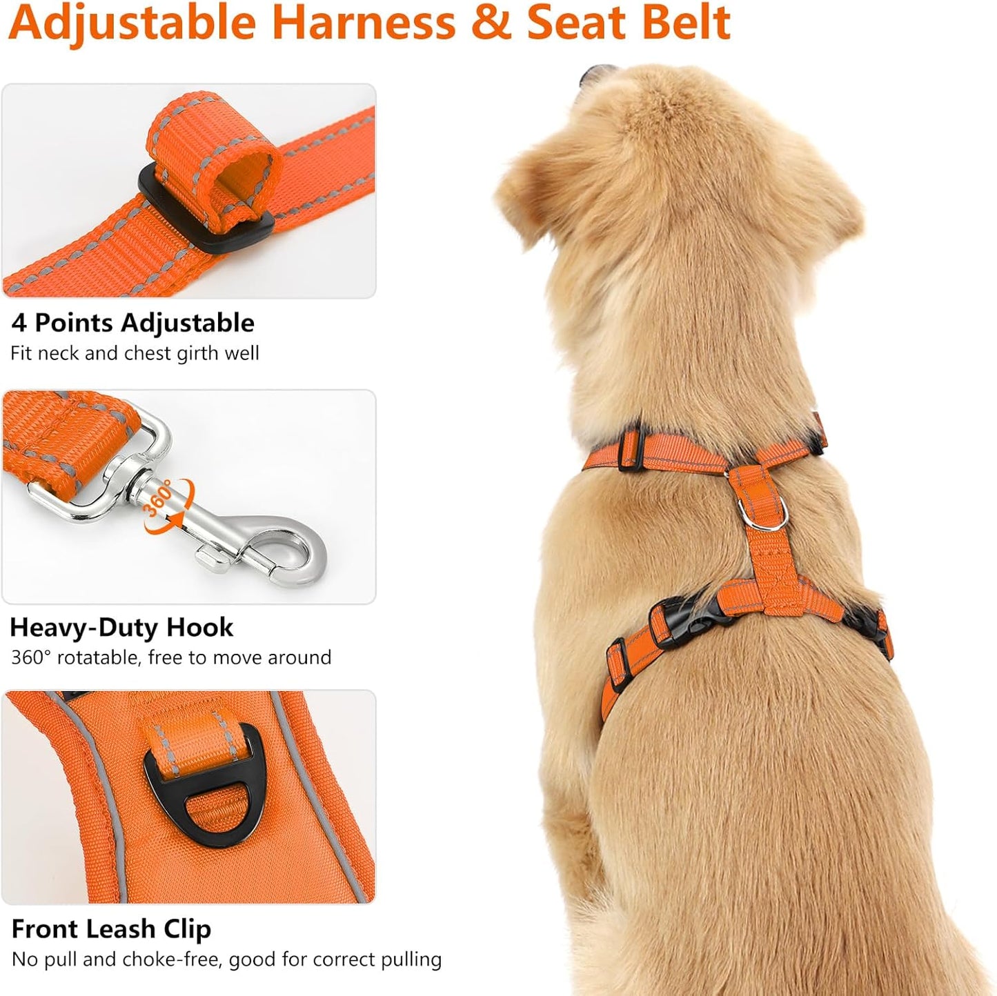Dog Seat Belt Harness for Car, Dog Car Harness Adjustable Mesh Breathable & Dogs Seatbelt Safety Tether with Elastic Bungee for Small Medium Large Pets(Orange, L) - Pet Explorer