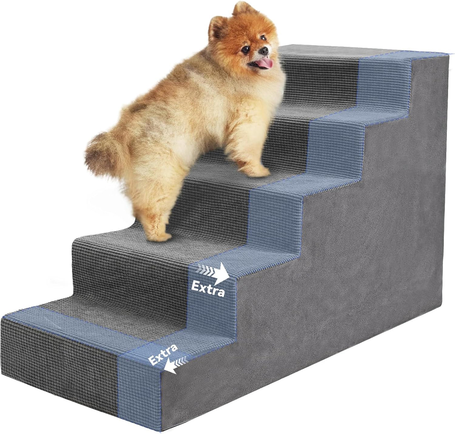 Niubya Dog Stairs for Small Dog and Cats,23”H Non-Slip Bottom Pet Steps for High Beds and Couch,High-Density Foam Pet Stairs Grey,5 Steps - Pet Explorer