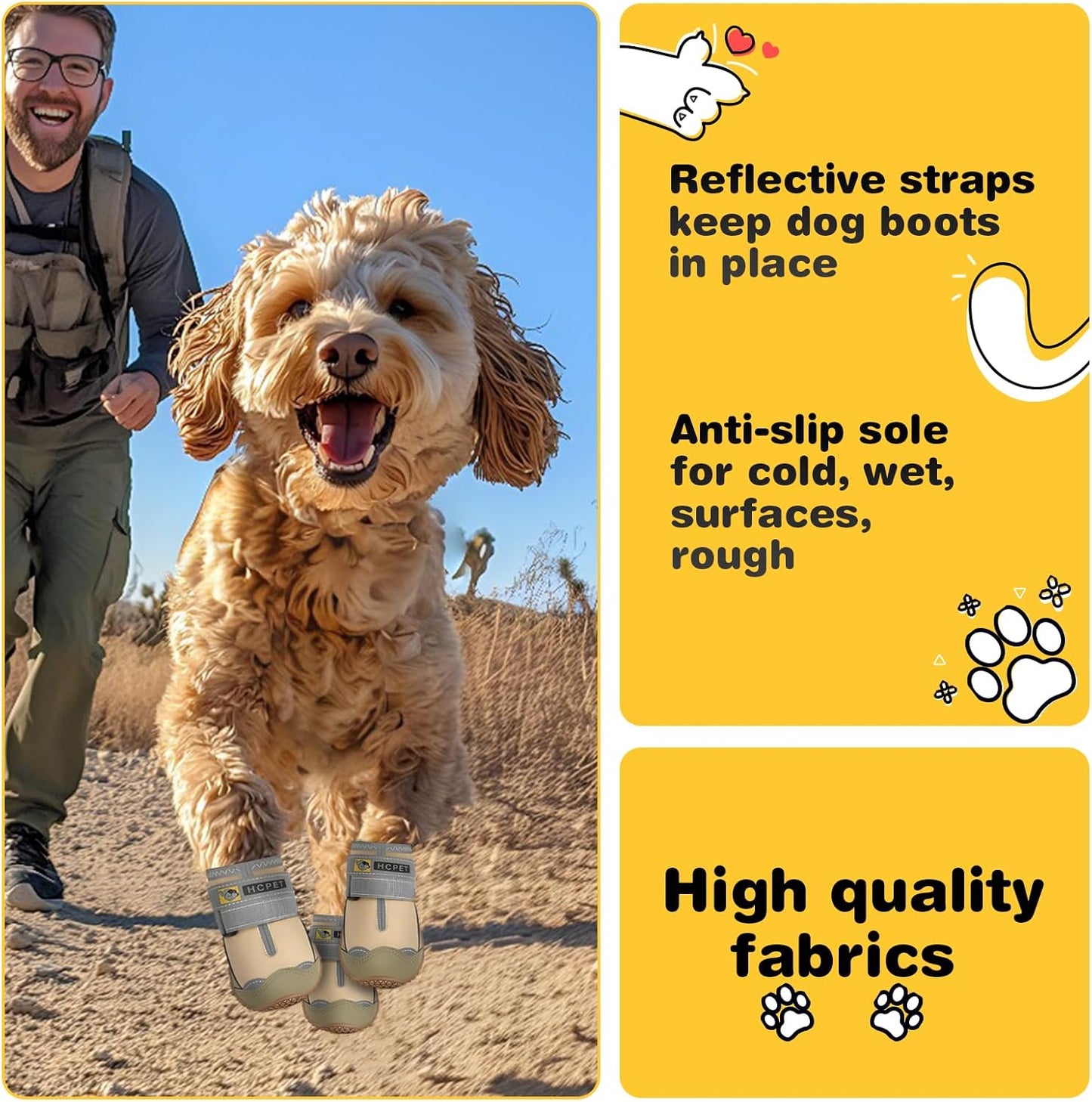 Hcpet Dog Shoes for Large Dogs, Waterproof Dog Booties for Small Medium Dogs, Anti-Slip Dog Boots & Paw Protectors for Hot Pavement Winter Snow Hiking with Reflective Straps Khaki Size 1