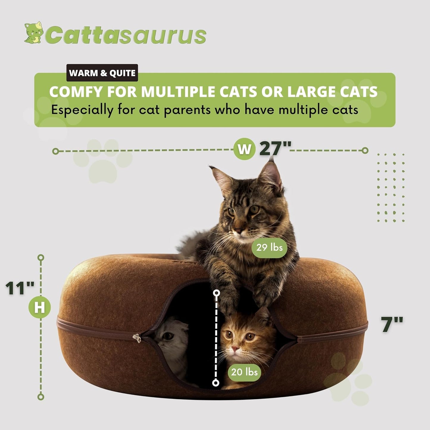 Cattasaurus Peekaboo Cat Cave for Multiple & Large Cats Up to 30-45 Lbs, Scratch Detachable & Washable Tunnel Bed, Comfy Donut Cat Cave (Brown, Jumbo) - Pet Explorer