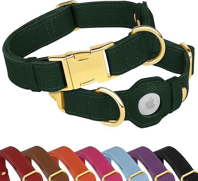Leather Airtag Dog Collar - Soft Tracking Dog Collar with Apple AirTag Holder and Metal Buckle - Safety GPS Pet Collars for Small Medium Large Dogs Puppy Pink Red (Green, S, 12"-15" Neck Fit)