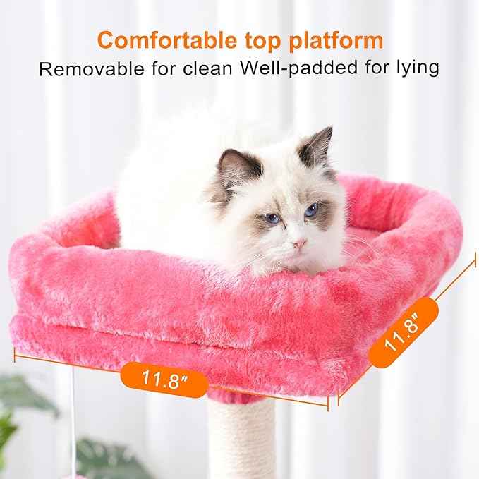 Heybly Cat Tree with Toy, Cat Tower Condo for Indoor Cats, Cat House with Padded Plush Perch, Cozy Hammock and Sisal Scratching Posts, Flamingos HCT004SF